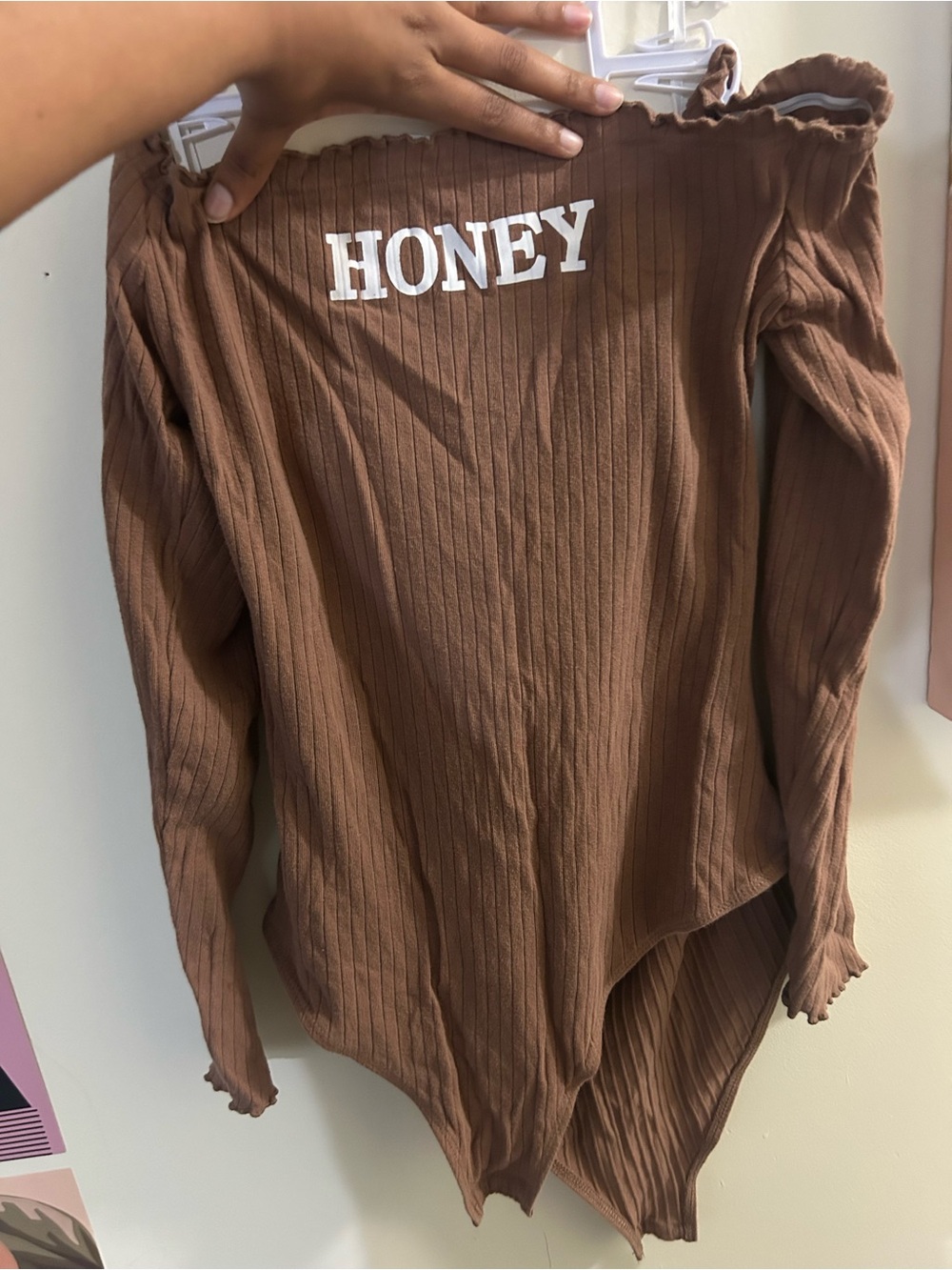 SHEIN Brown Ribbed "HONEY" Off-Shoulder Long Sleeve Bodysuit